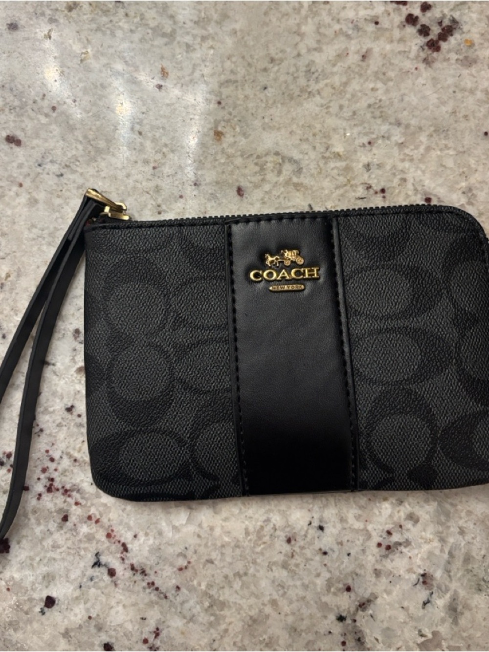 Coach Black Signature Zip Wristlet with Gold Logo